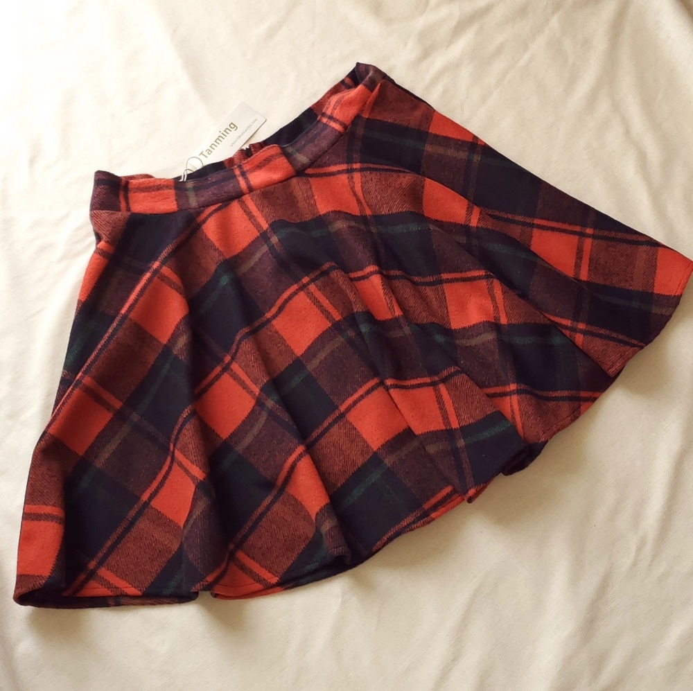 NEW Flannel Plaid Full Skirt Red-Orange Blue